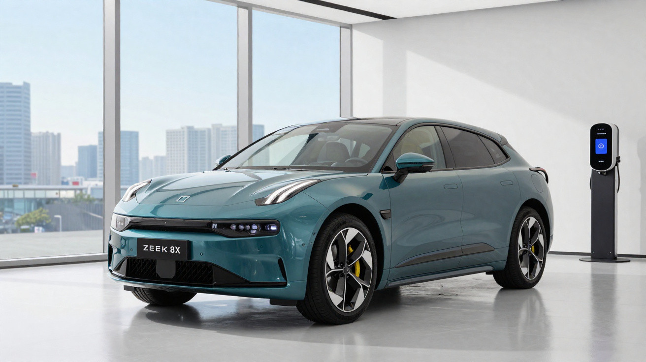 Carro elétrico Zeek 8X azul em showroom moderno com parede de vidro e estação de carregamento ao lado.