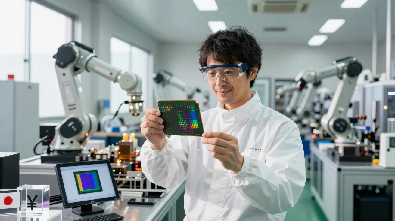Cientista em laboratório segurando chip eletrônico, com equipamentos robóticos ao fundo.