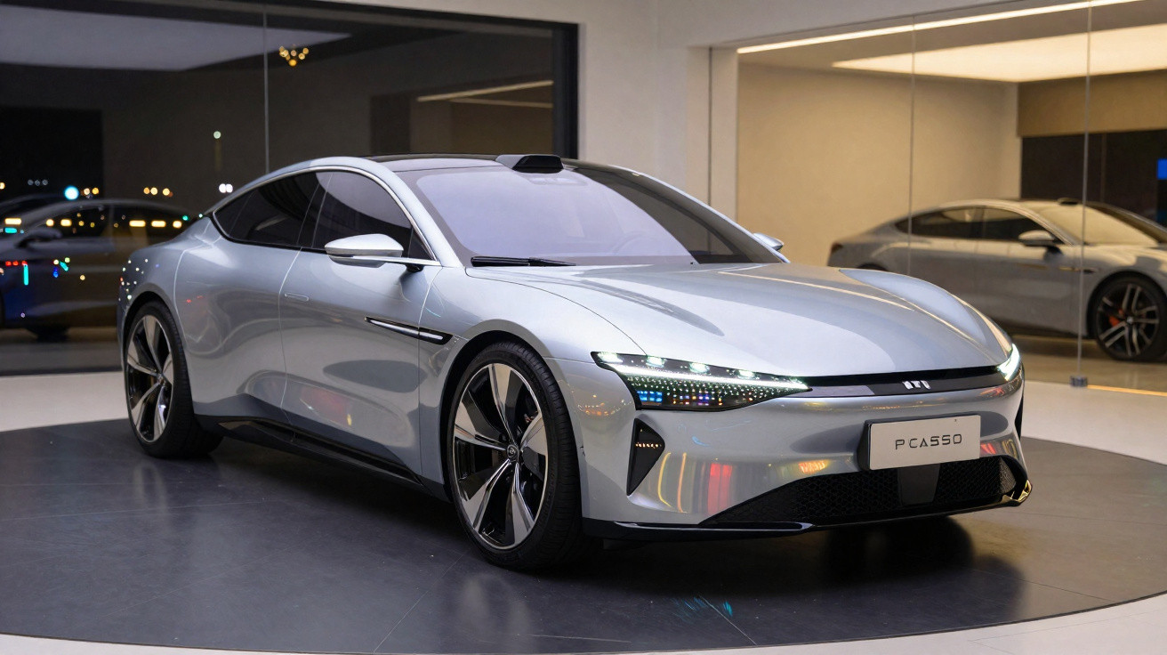 Carro elétrico esportivo prata, design futurista, com rodas grandes e luzes LED acesas, em showroom moderno.