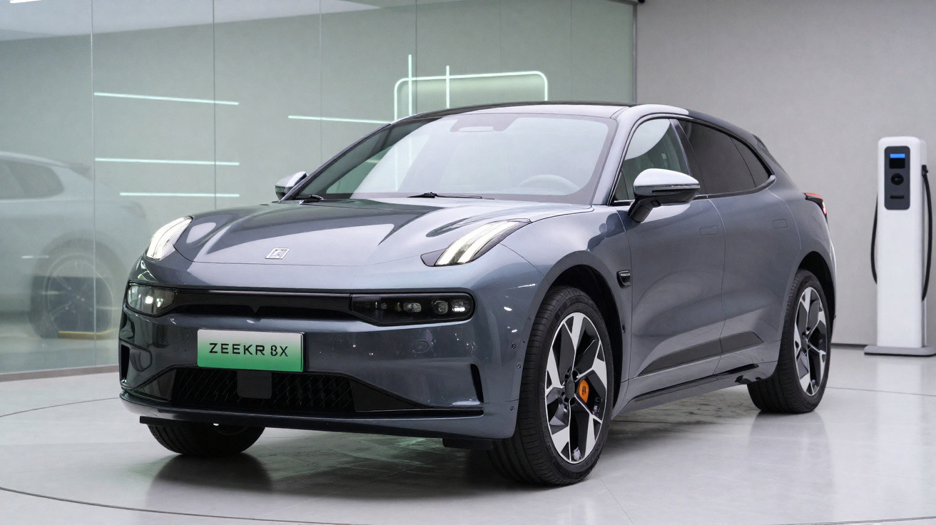 Carro elétrico cinza estacionado em sala moderna com estação de carregamento ao fundo.