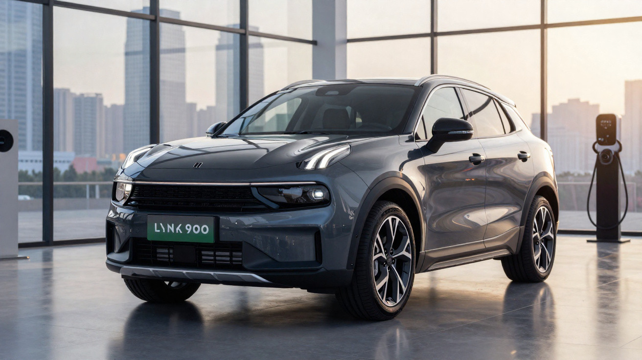 Carro SUV elétrico cinza estacionado em ambiente interno com janelas grandes e carregador elétrico ao fundo.