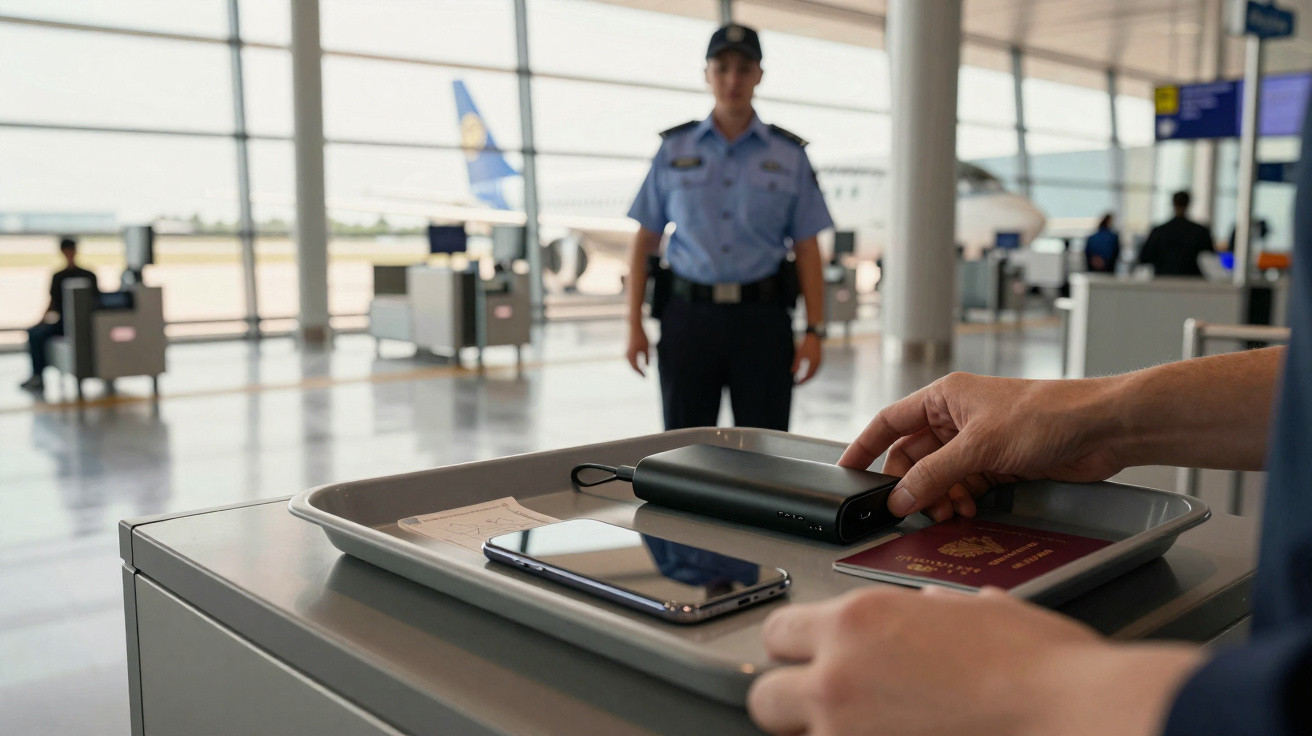 Pessoa colocanda objetos pessoais em bandeja para inspeção no aeroporto com segurança ao fundo.