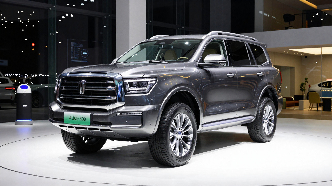 SUV cinza metálico exibido em showroom moderno com iluminação destacando seu design robusto e elegante.