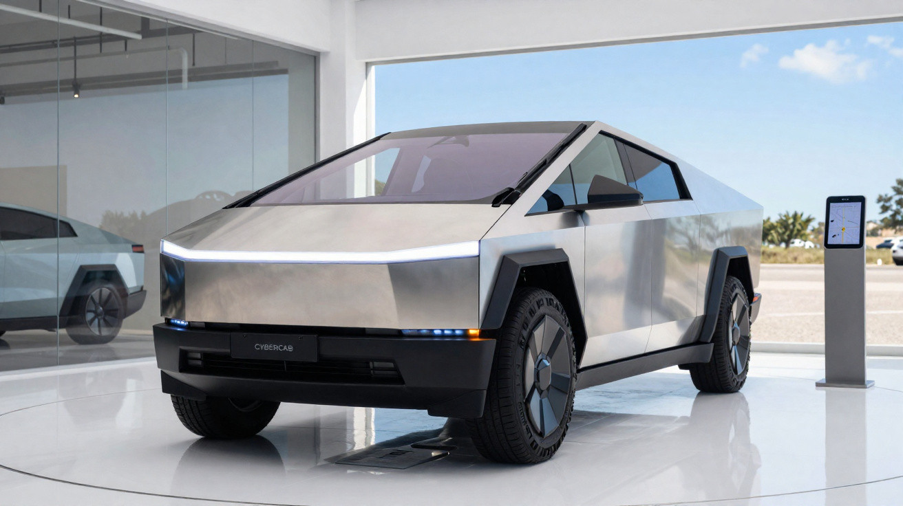 Carro elétrico Tesla Cybertruck prata exibido em showroom moderno com base giratória e painel digital ao lado.