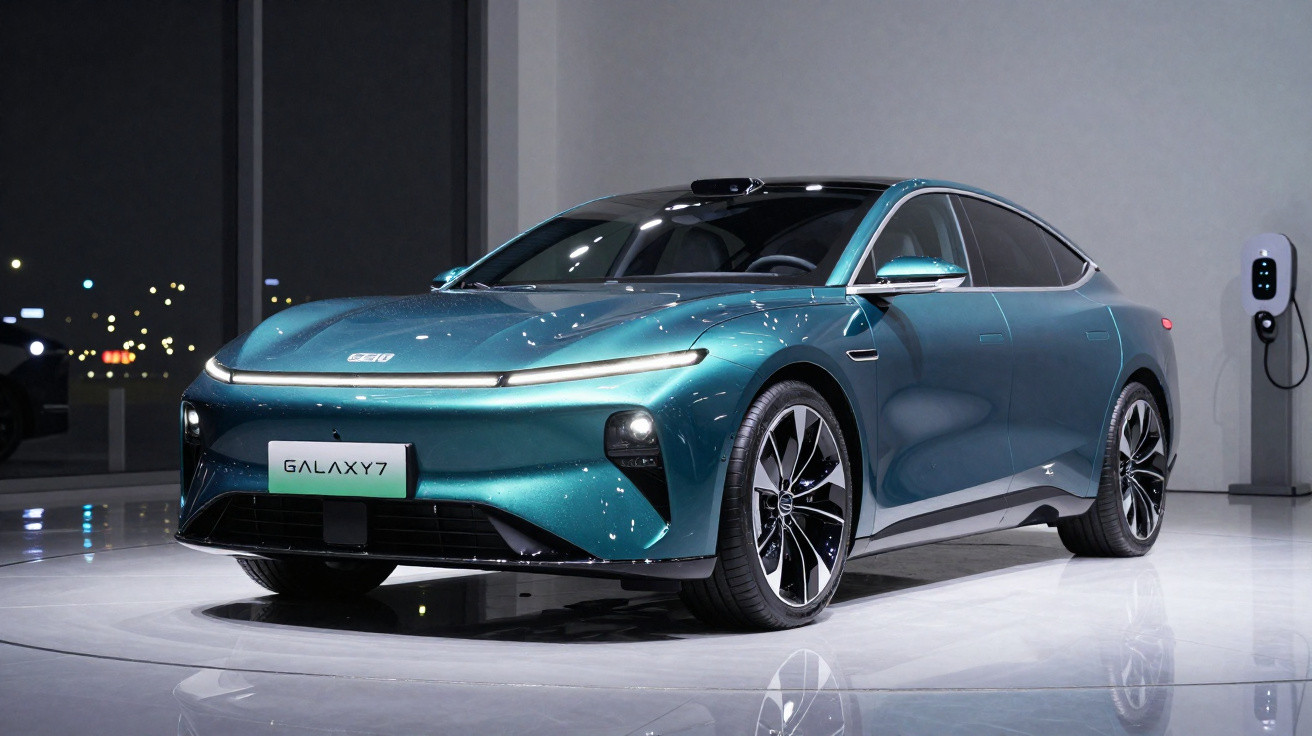 Carro elétrico azul Galaxy 7 exposto em showroom moderno com estação de recarga ao fundo.
