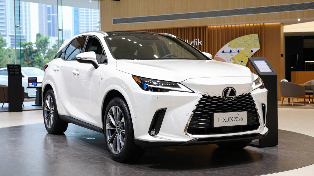 Carro SUV branco Lexus UX 2026 em exposição dentro de showroom moderno e iluminado.