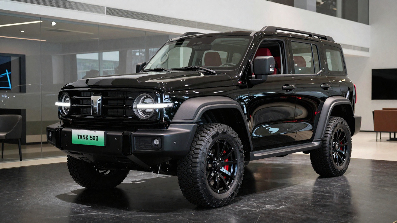 SUV preto TANK 500 estacionado em showroom moderno com pneus robustos e faróis circulares acesos.