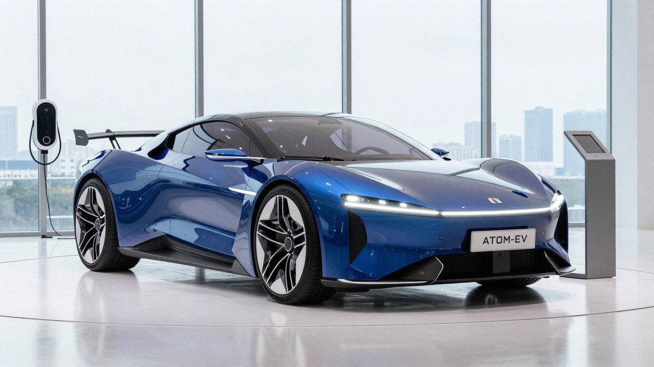 Carro esportivo elétrico azul ATOM-EV estacionado em showroom moderno com carregador ao lado.