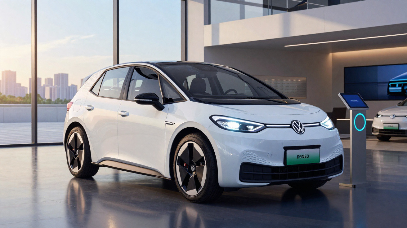 Carro elétrico branco Volkswagen ID.3 em showroom moderno com iluminação natural e carregador ao lado.