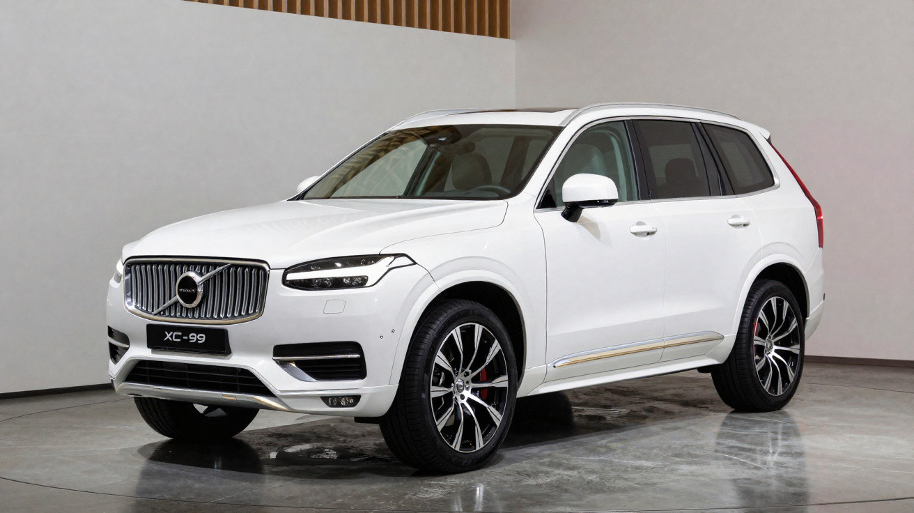SUV branco Volvo XC-99 estacionado em ambiente interno com piso cinza e paredes claras.