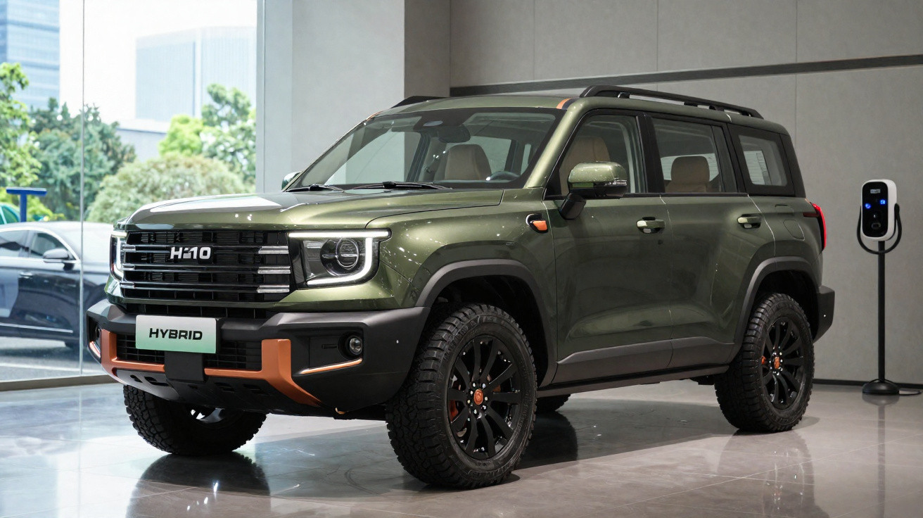 SUV híbrido verde militar estacionado em showroom ao lado de estação de recarga elétrica.