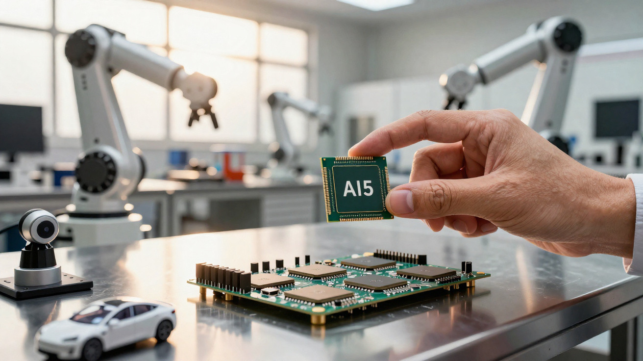 Mão segurando chip AI5 sobre placa de circuito em bancada com robôs industriais e miniatura de carro.