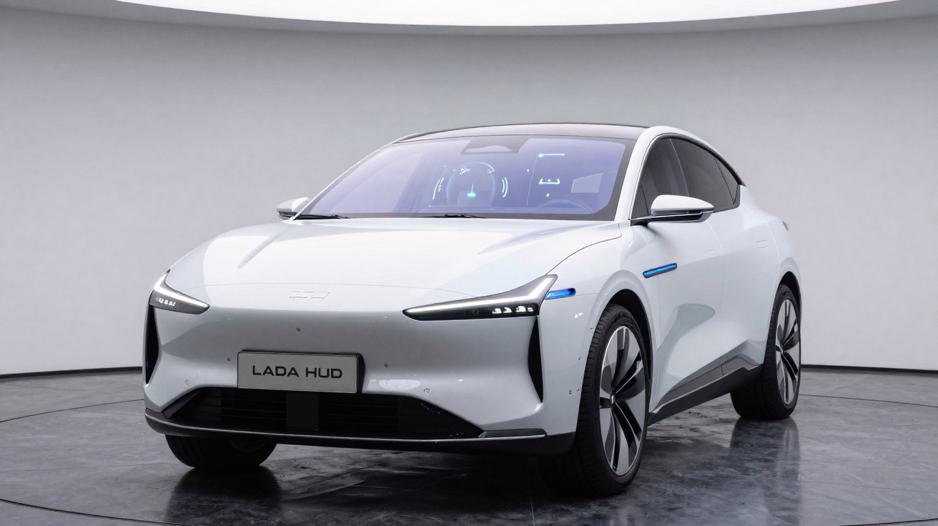 Carro elétrico branco Lada HUD em estúdio com design futurista e iluminação LED.