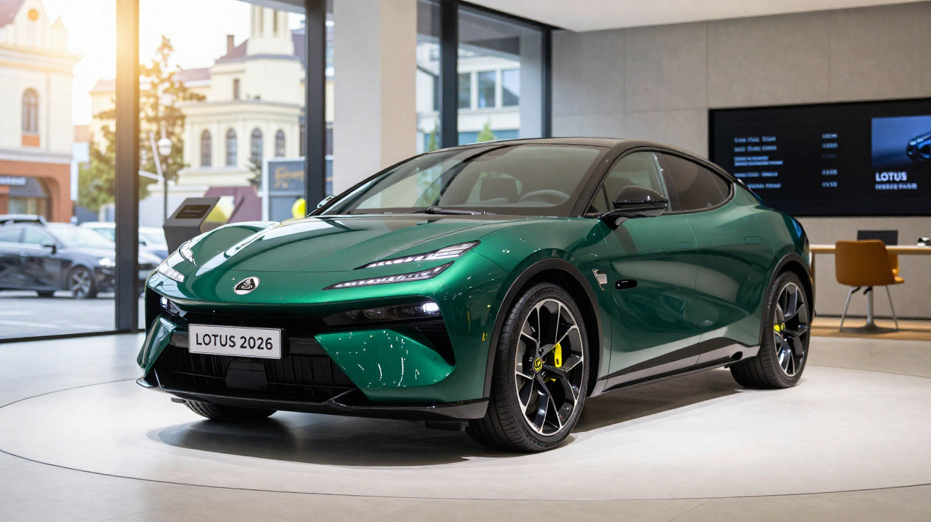 Carro esportivo verde Lotus 2026 exposto em showroom moderno com janelas amplas.