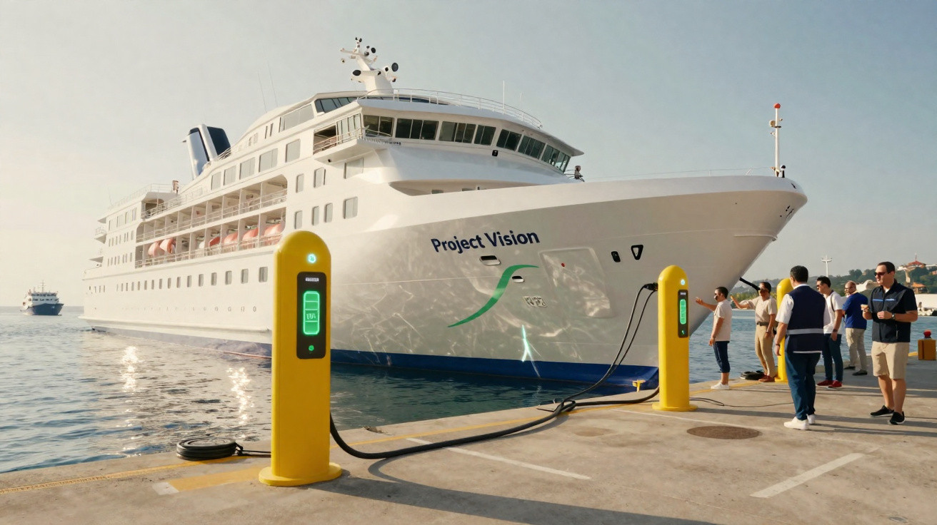 Navio branco Project Vision atracado com carregadores elétricos e pessoas em píer ensolarado.