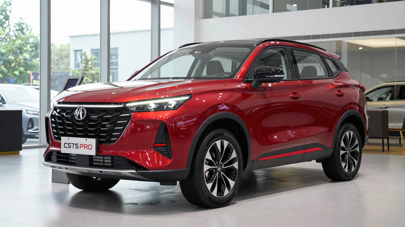 Carro SUV vermelho modelo CS75 PRO em exibição dentro de uma concessionária moderna e iluminada.