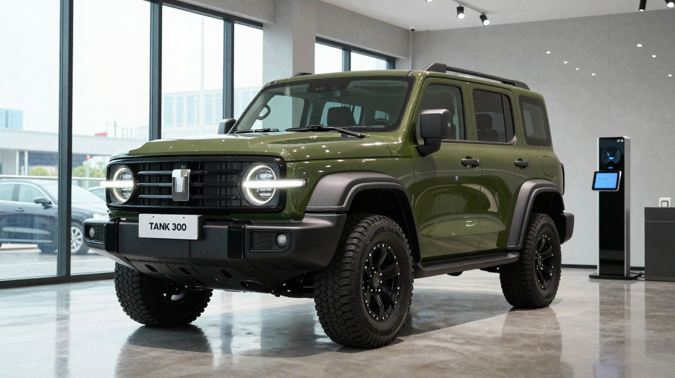 SUV verde militar Tank 300 estacionado em showroom moderno com chão de concreto polido.