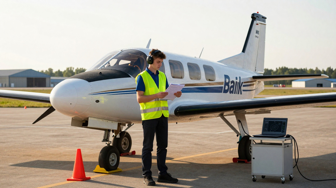 Homem com colete refletivo e fone de ouvido verifica documentos perto de avião pequeno estacionado em aeroporto.