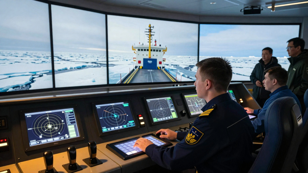 Homens operam equipamentos de navegação em simulador de navio em área gelada com gelo flutuante.
