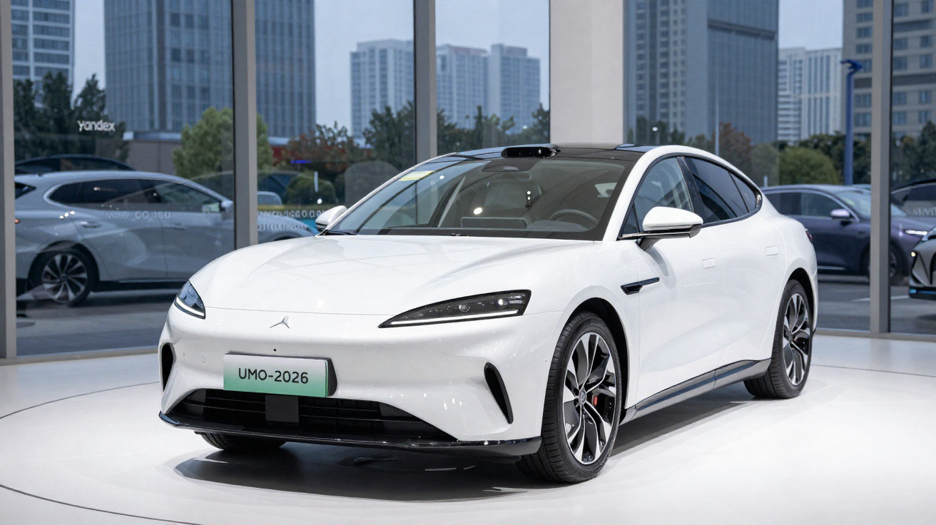 Carro elétrico branco exposto em ambiente interno com grandes janelas e prédios ao fundo.