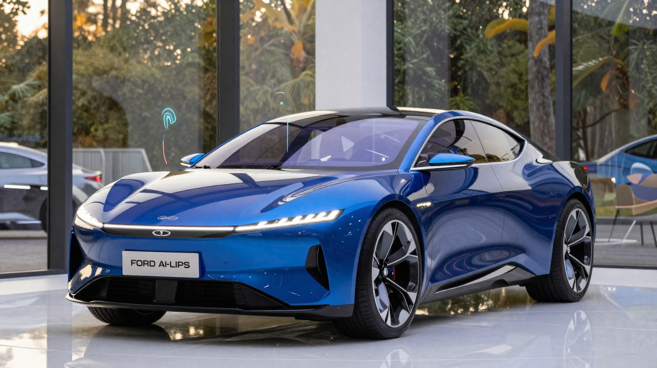 Carro esportivo elétrico azul Ford Ai-Lips exposto em local fechado com grandes janelas de vidro.