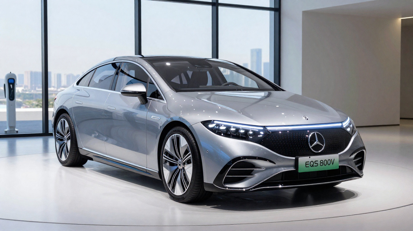 Carro elétrico Mercedes-Benz EQS 800V prata exibido em showroom moderno com janelas grandes ao fundo.