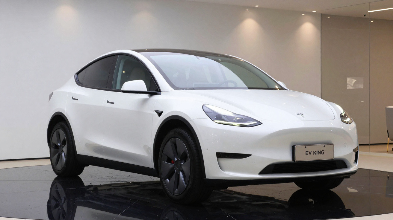 Carro elétrico branco Tesla Modelo Y exibido em ambiente interno com piso refletivo.