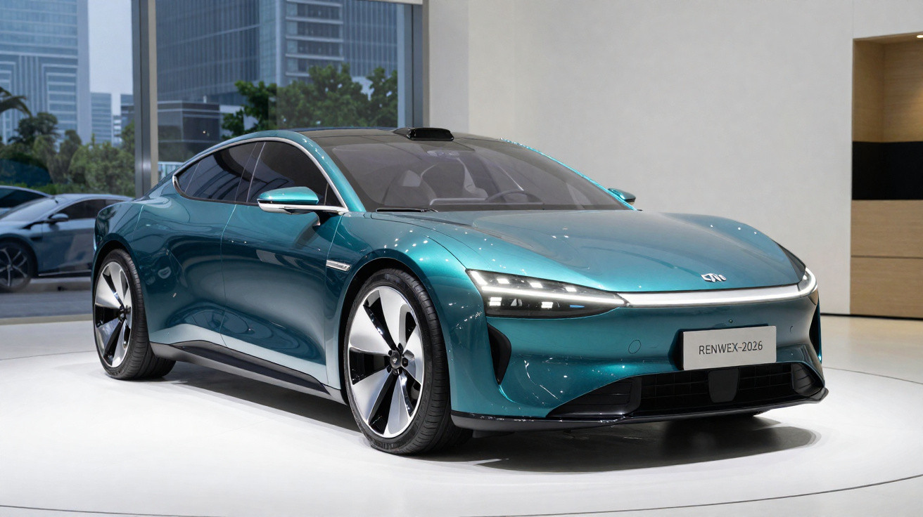Carro elétrico esportivo azul metálico exposto em ambiente interno moderno com rodas grandes e design aerodinâmico.