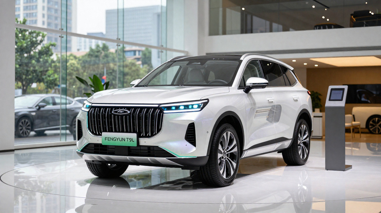 SUV branco Fengyun T9L exibido em showroom com grande vitrine e piso brilhante.