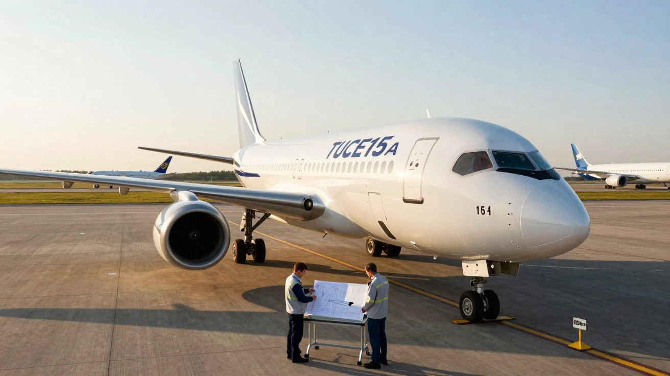 Avião branco estacionado em pista com duas pessoas analisando plantas em frente à aeronave.