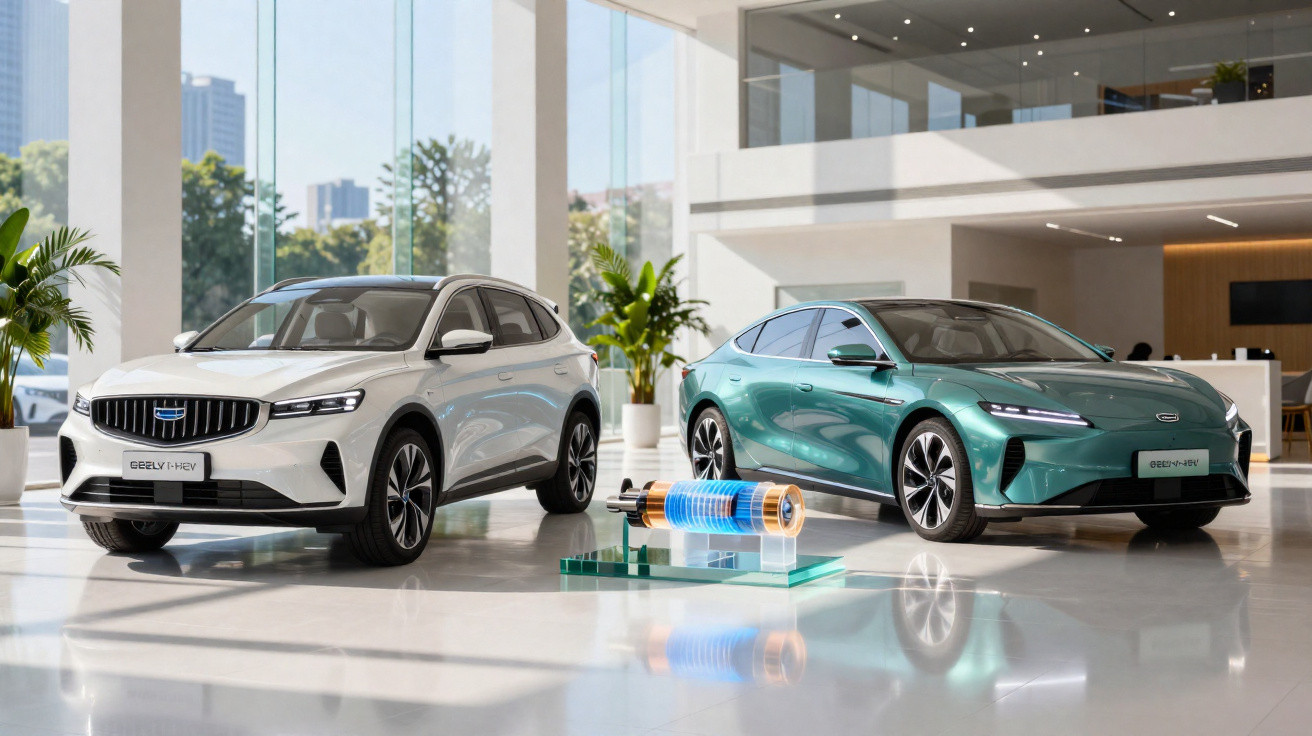 Dois carros elétricos Geely em exposição interna com bateria protótipo entre eles e vista de prédio ao fundo.