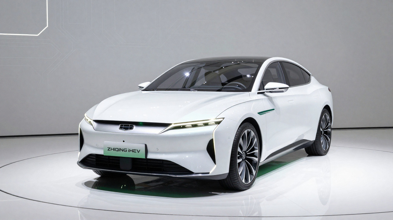 Carro elétrico branco modelo ZH IQING iHEV em exposição com fundo cinza e luzes refletidas no piso branco.
