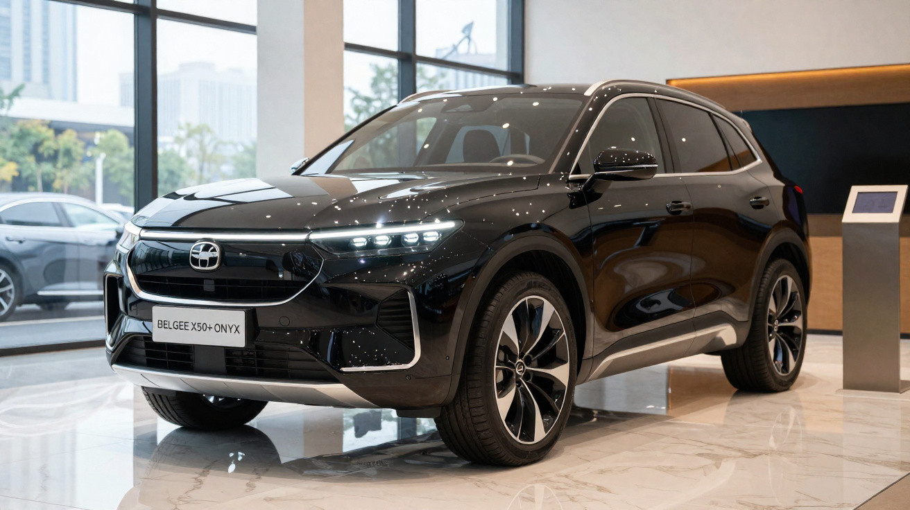 Carro SUV elétrico preto modelo BELGEE X50+ ONYX em showroom moderno com piso de mármore.