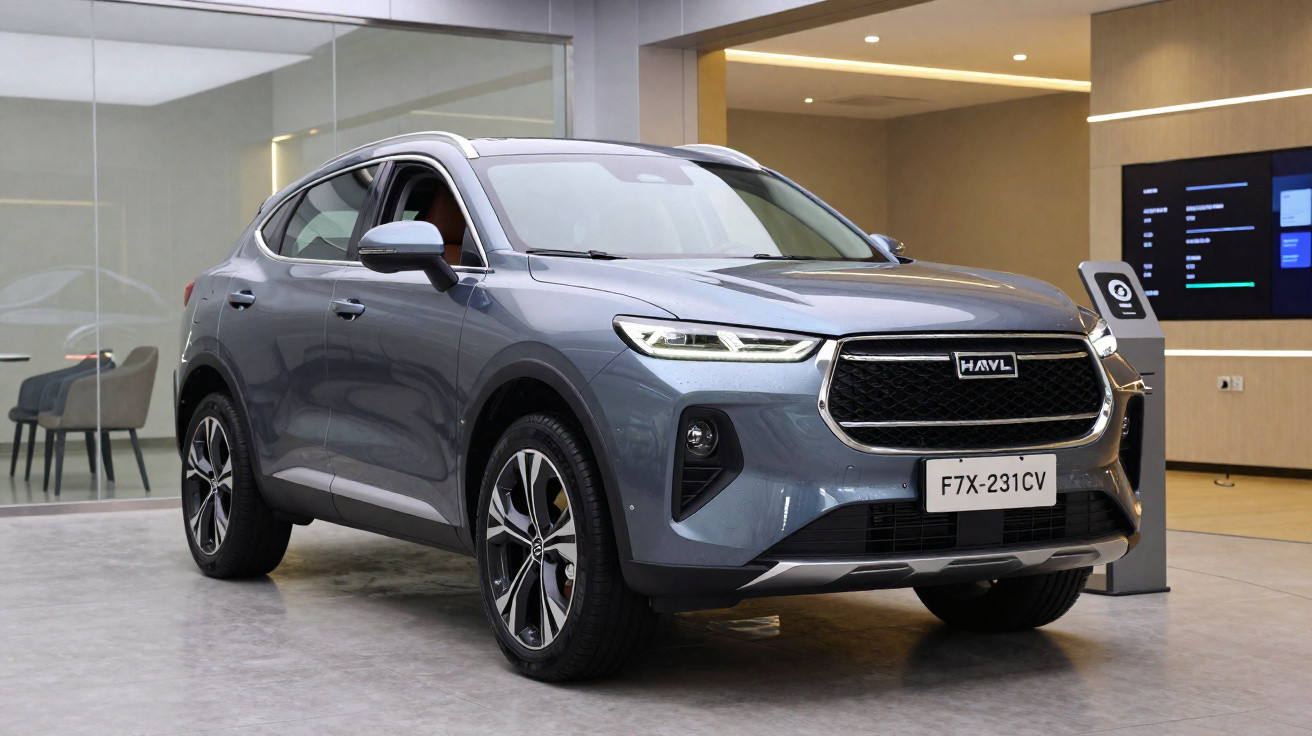 Carro SUV cinza estacionado em ambiente interno moderno com teto embutido e chão de concreto.