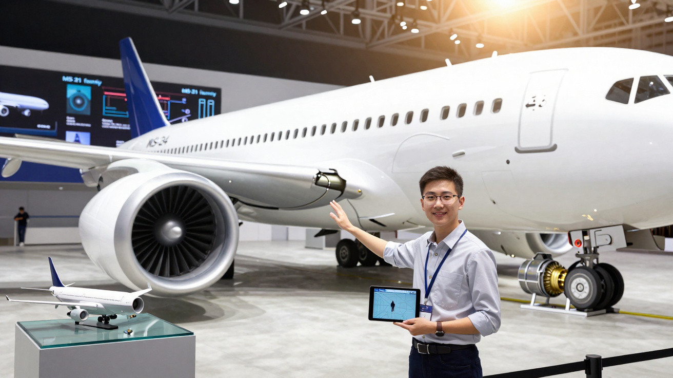 Homem apresenta avião comercial branco em hangar, segurando tablet e apontando para a turbina.