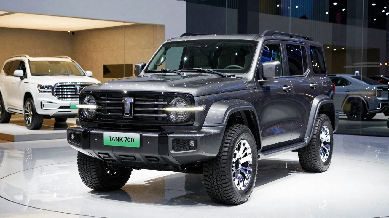 SUV cinza escuro Tank 700 em exibição, com iluminação frontal acesa em ambiente de showroom.