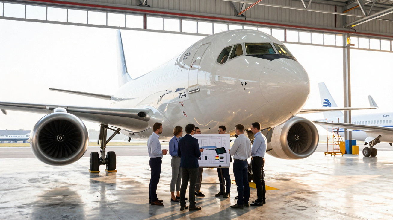 Grupo de pessoas em reunião diante de um avião branco em hangar iluminado.