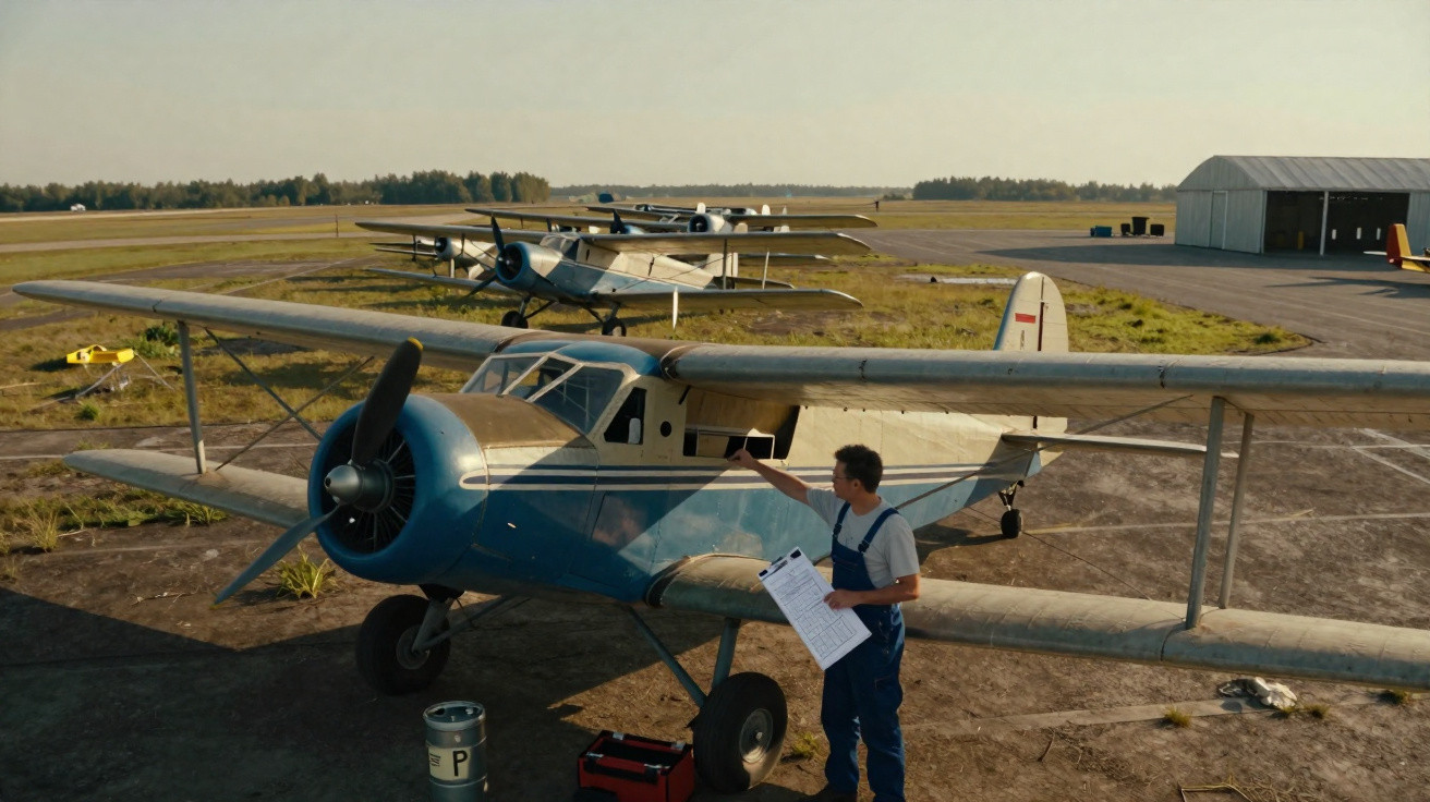 Homem inspeciona avião biplano azul em pista com outros aviões e hangar ao fundo em dia claro.