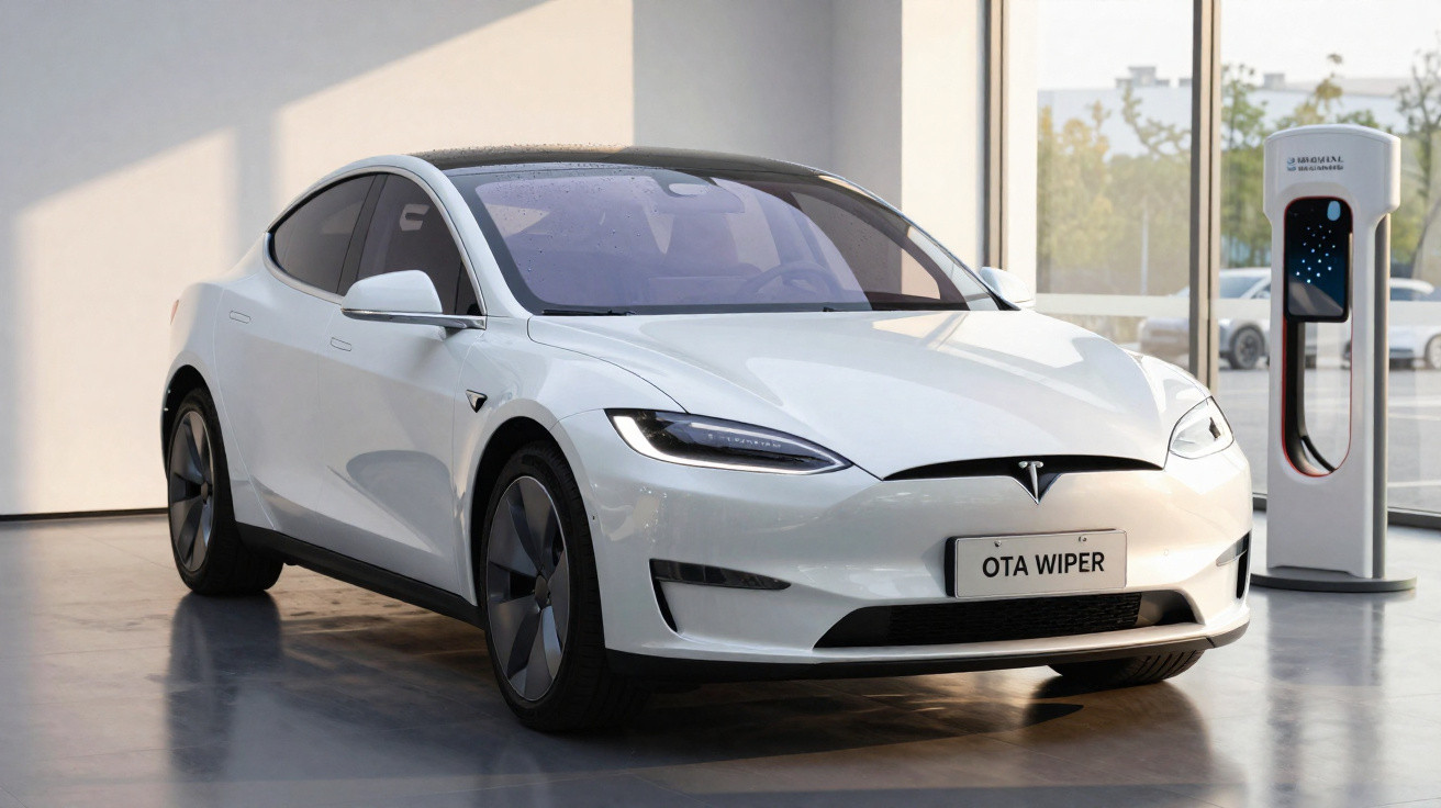 Carro elétrico branco Tesla estacionado ao lado de um carregador em ambiente interno iluminado.