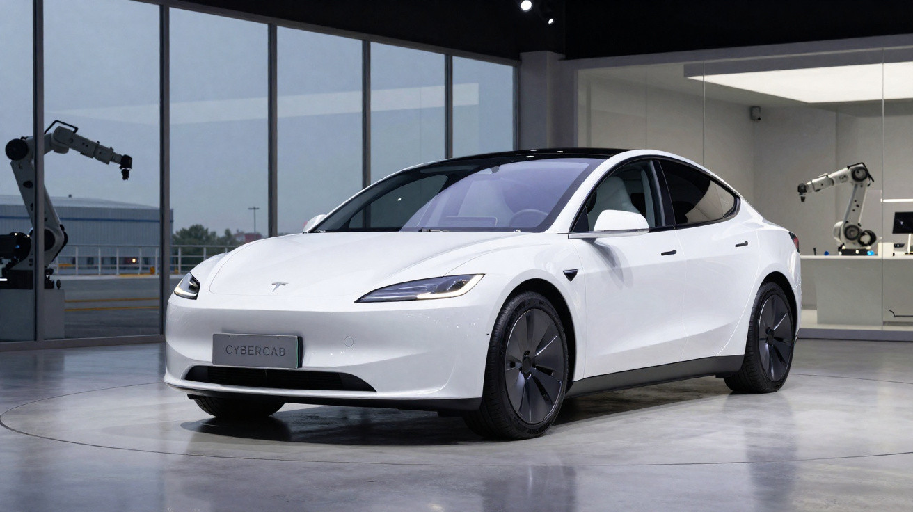 Carro elétrico branco Tesla Cybercab estacionado em ambiente interno com braços robóticos ao fundo.