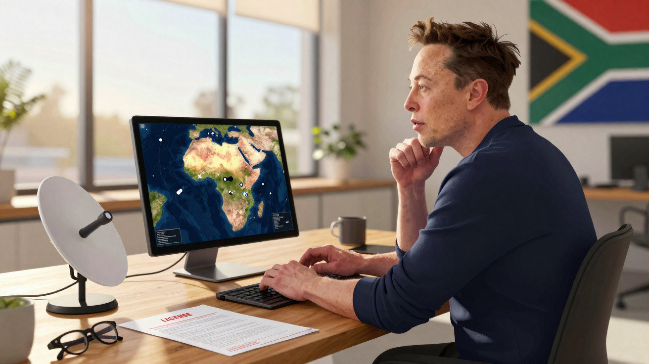 Homem olhando mapa da África em computador, sentado em mesa com antena parabólica e documentos.