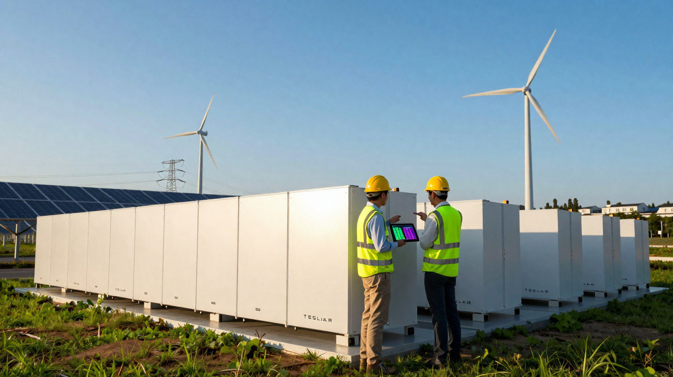 Dois técnicos com coletes e capacetes analisam dados em tablet perto de baterias Tesla, com turbinas eólicas e painéis solare