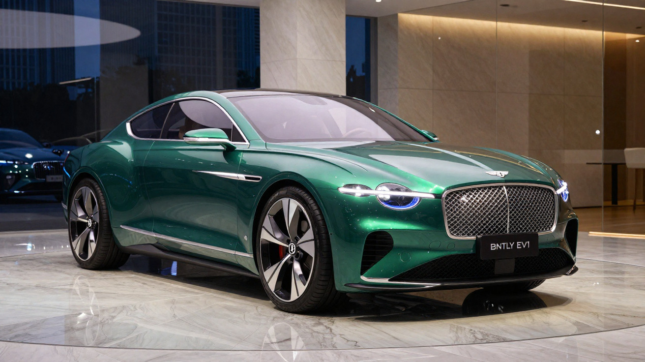Carro esportivo elétrico Bentley EV1 verde exibido em ambiente interno moderno e iluminado.