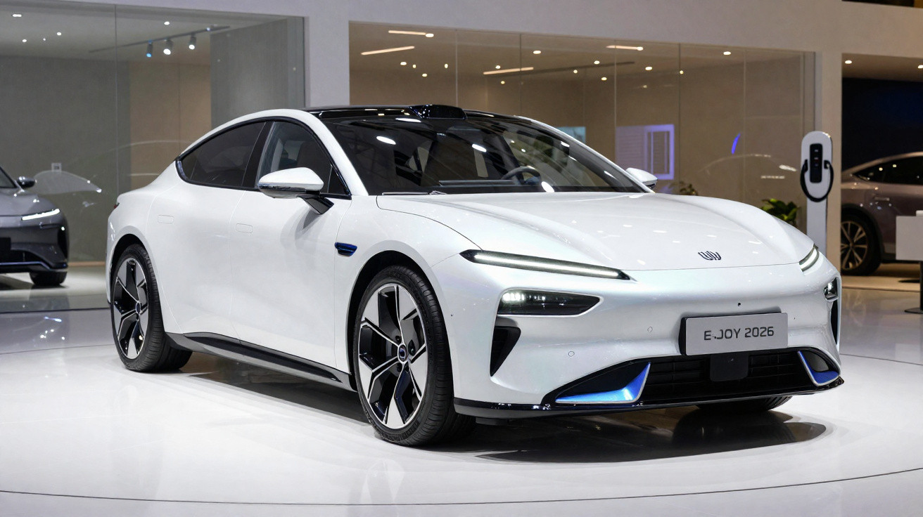 Carro elétrico branco E-JOY 2026 exposto em showroom com design moderno e rodas esportivas.
