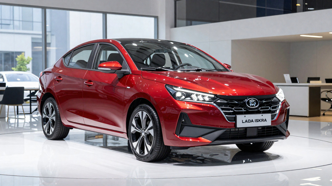 Carro sedan vermelho Lada Iskra exibido em showroom moderno com piso branco e iluminação natural.