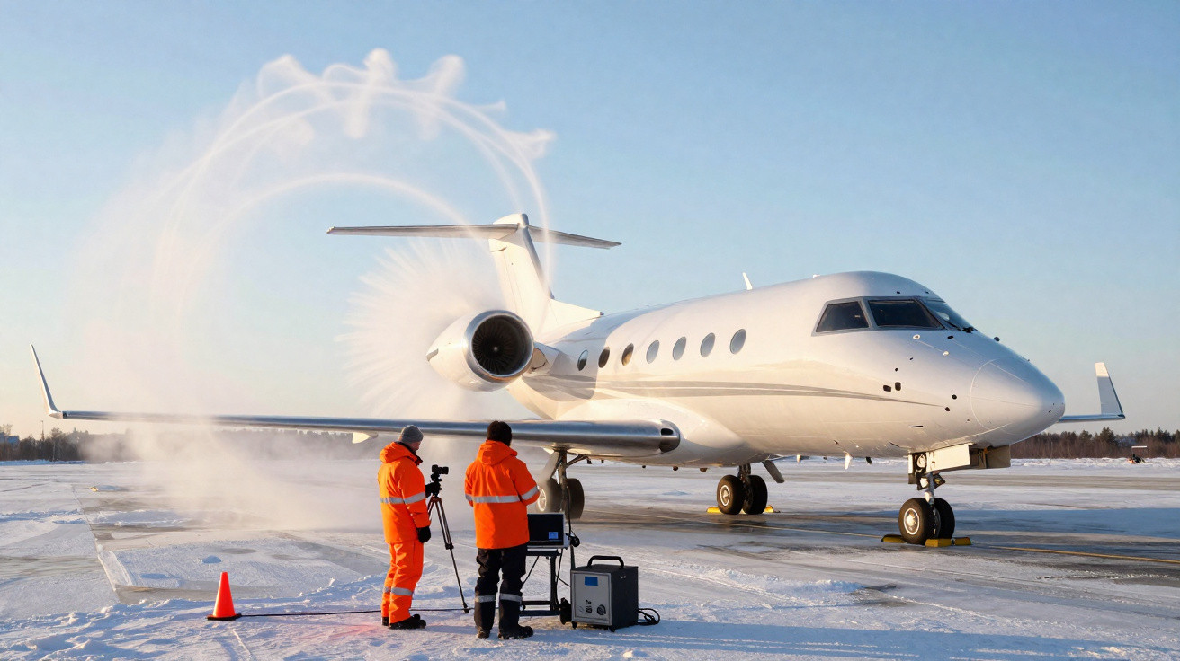 Avião branco com hélice em movimento e duas pessoas em roupas laranja observando em pista coberta de neve.