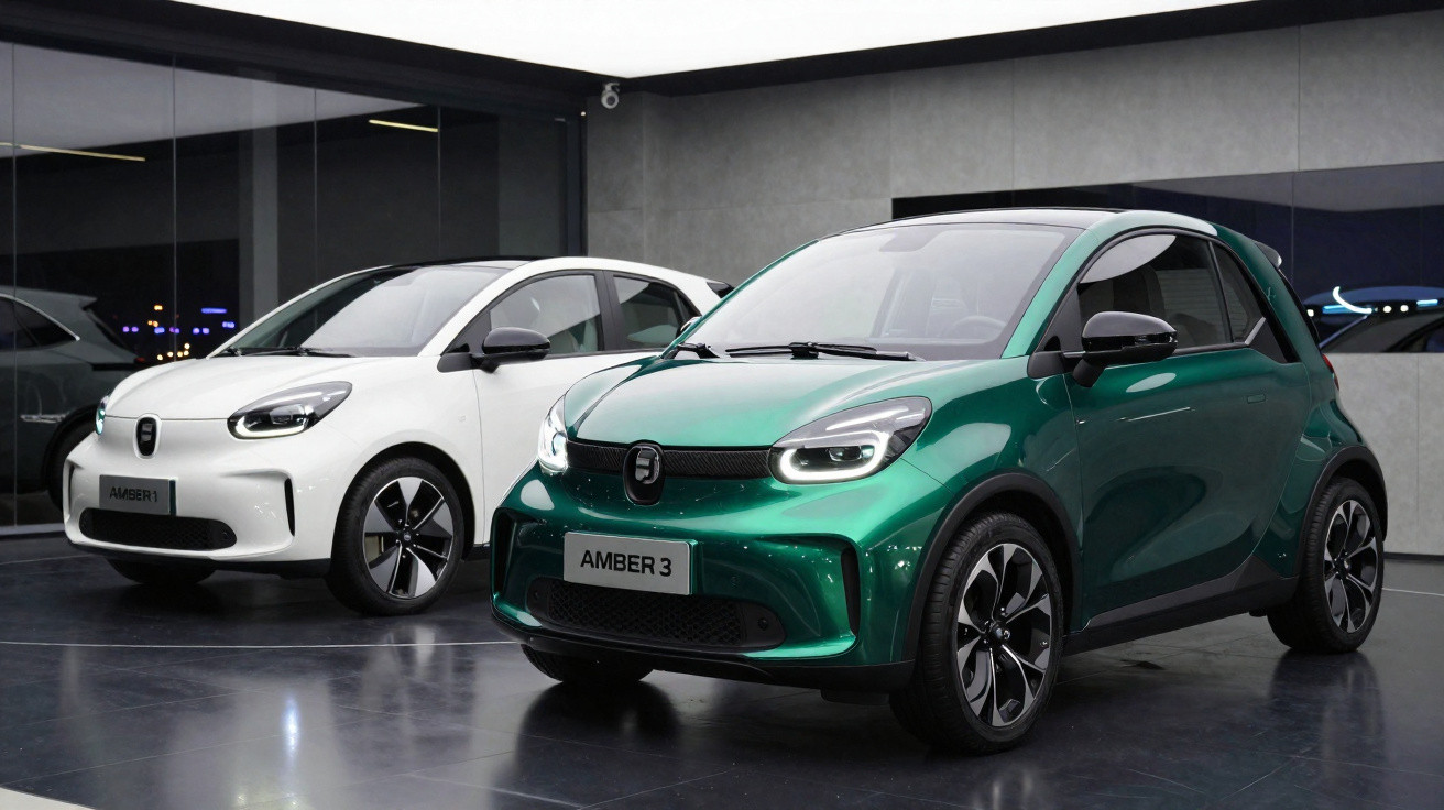 Dois carros compactos elétricos Amber em exposição, um verde e um branco, em ambiente interno moderno.