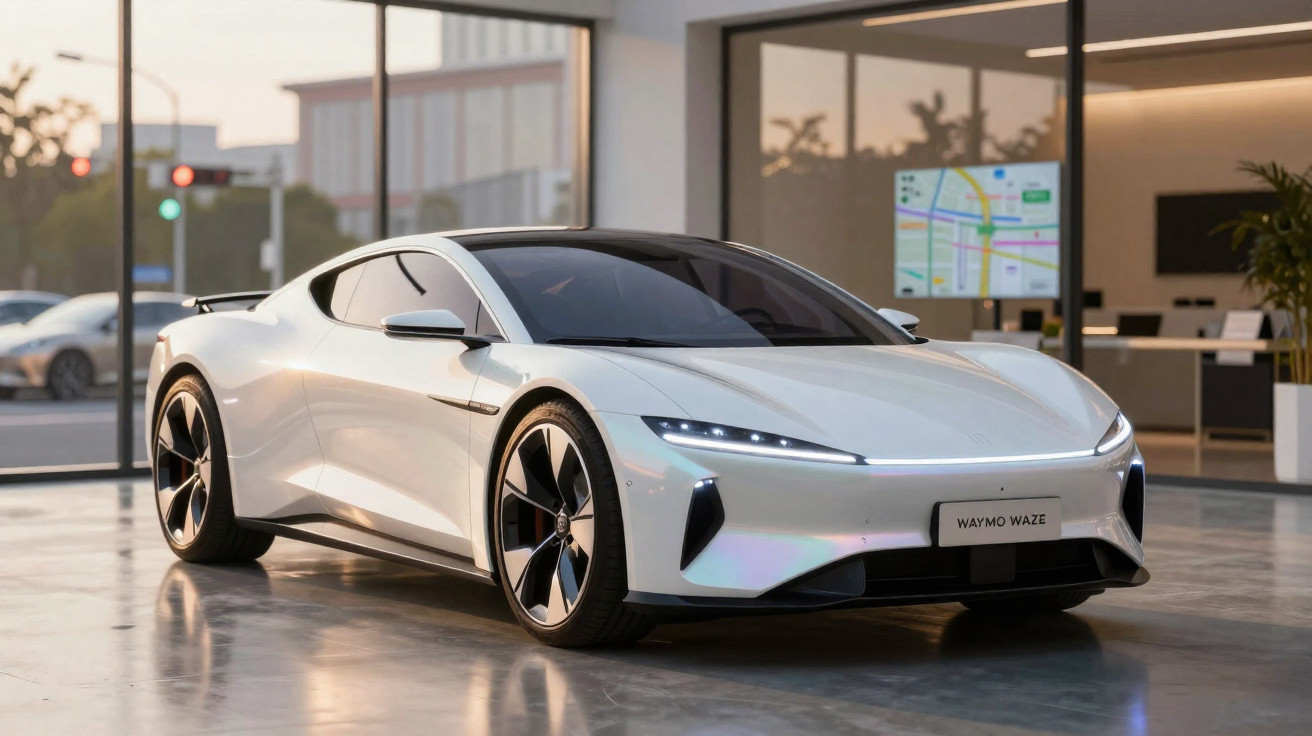 Carro esportivo elétrico branco estacionado em showroom moderno com painéis grandes e iluminação natural.