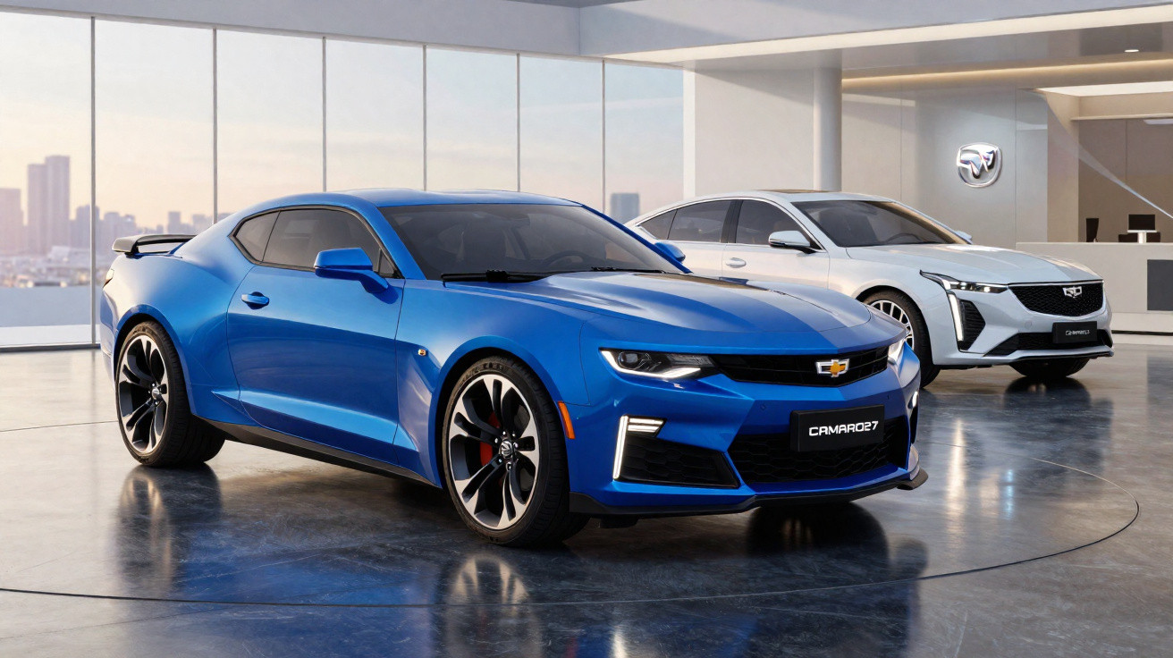 Carro esportivo Chevrolet Camaro azul e sedan branco em showroom com janelas panorâmicas.