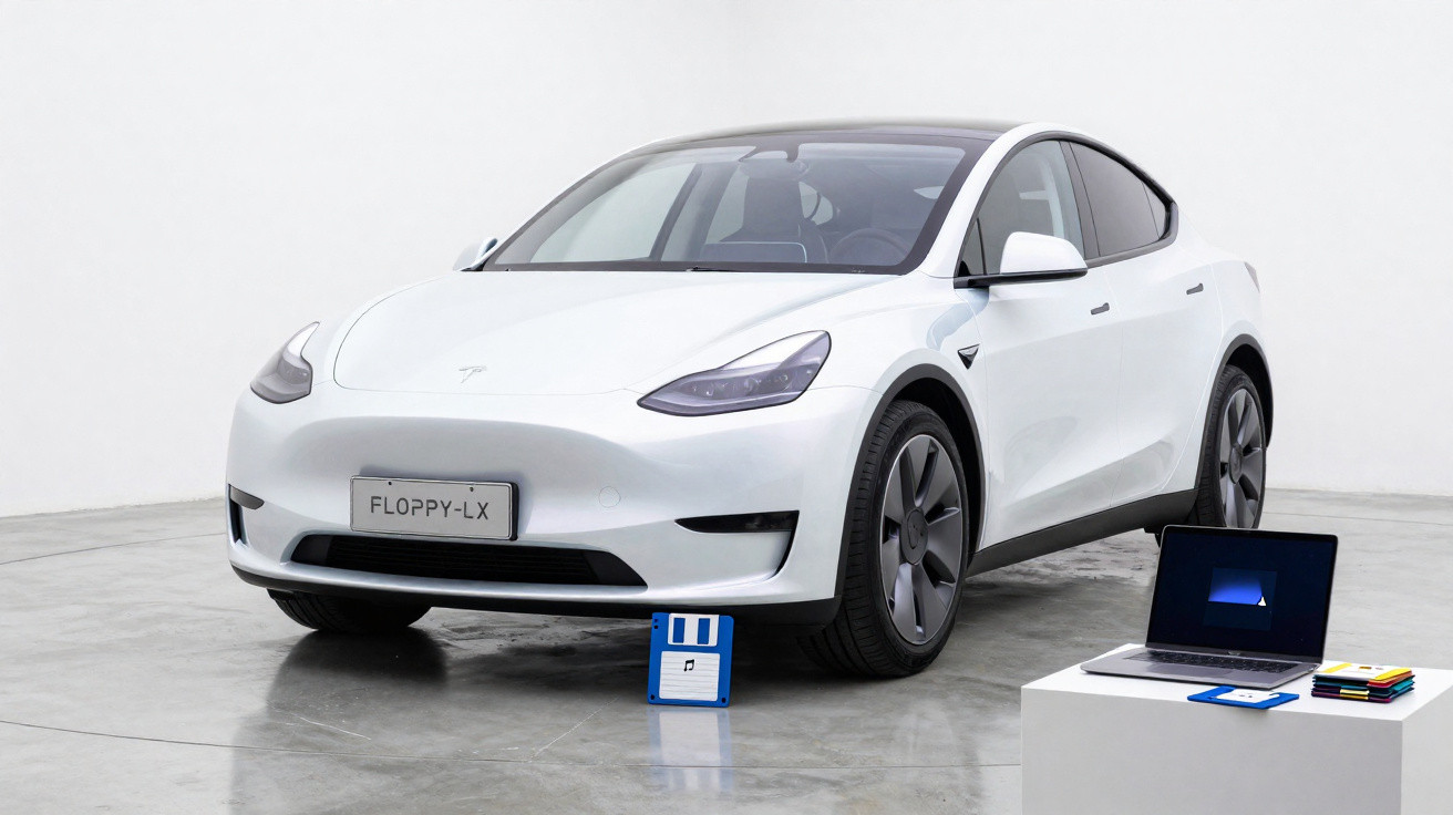 Carro elétrico branco Tesla Model Y com disquete azul no chão e laptop ao lado em ambiente minimalista.